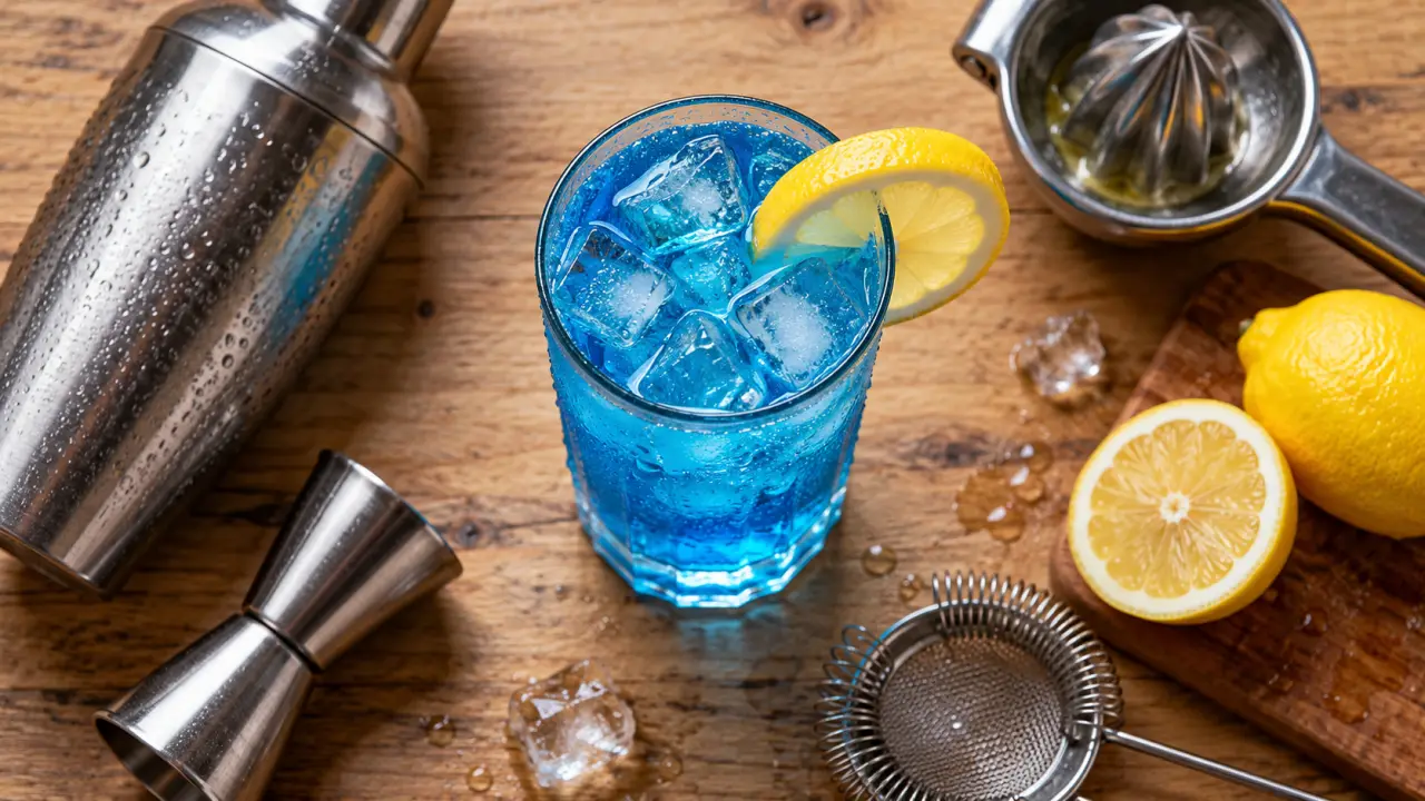 Recette blue lagoon : verre de vodka, curaçao et citron