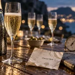 Vin blanc petillant en verre tulipe, bulles près du bord