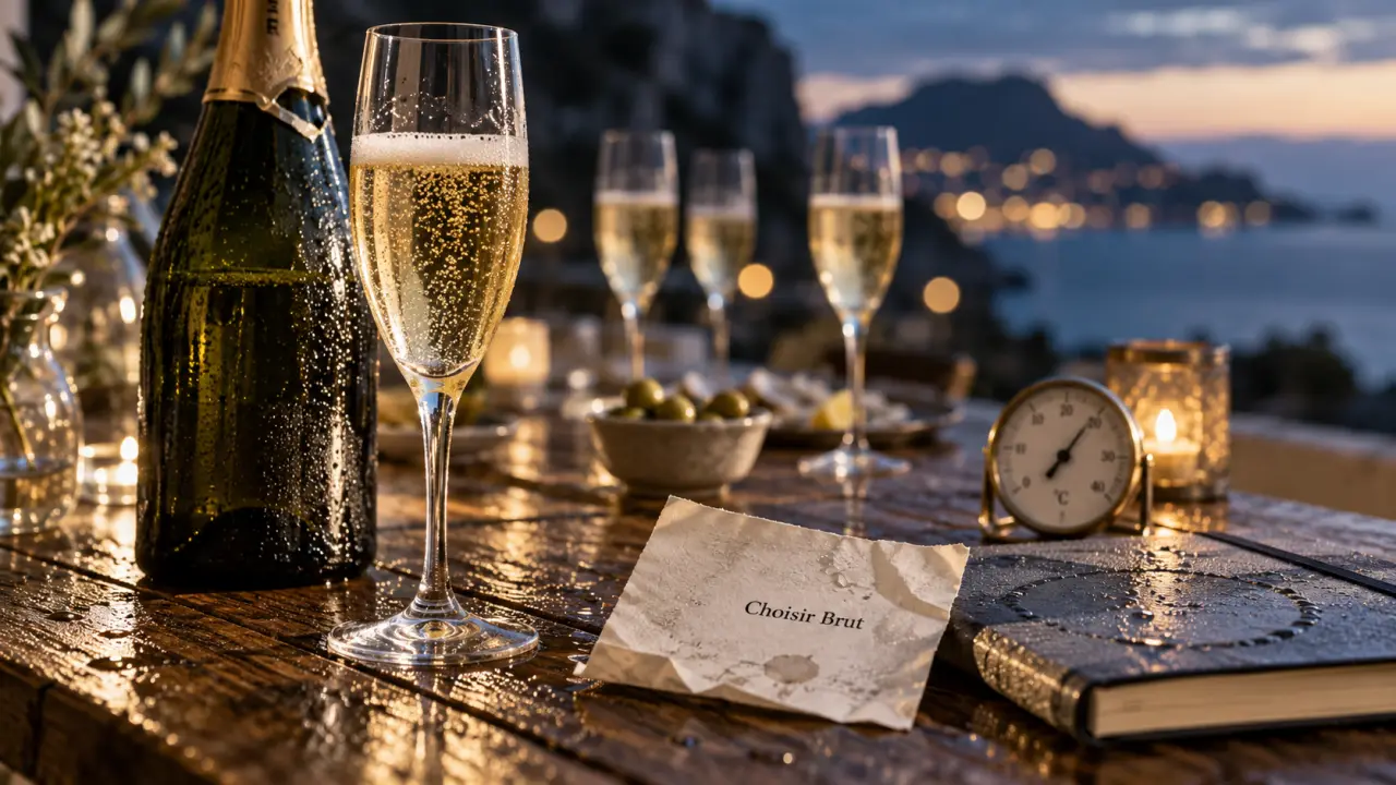 Vin blanc petillant en verre tulipe, bulles près du bord